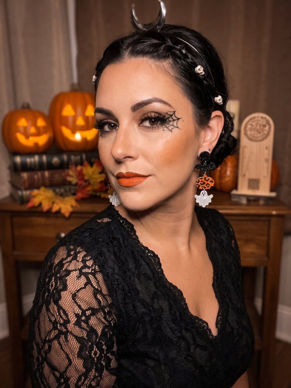 Spooky Ghost Bat & Leopard Print Pumpkin Acrylic Dangle Earrings